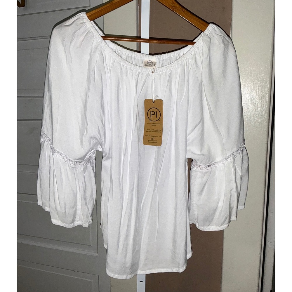 Paradise Island White Rayon Off Shoulder Boho Bell Sleeve Lace Trim Blouse M NWT